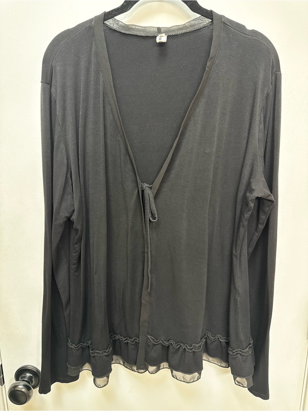 Black Tie-Front Lounge Robe with Ruffle Trim - Picture 2 of 7